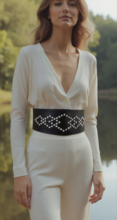 Wide Faux Leather Black Elastic Belt Squares S M