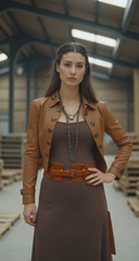 New Women Brown Elastic Wide Band Western Fashion Belt Texas Lone Star Flower Silver Metal Double Buckles S M