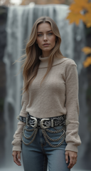 Women Black Elastic Belt Paisley Western Double Buckle Chain Wave Adjustable S M