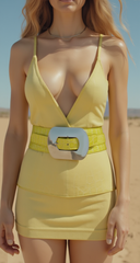 Fashion Women Bright Green Apple Stretch Belt Elastic Wide Silver Metal Oval Buckle Size M L