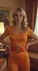 New Women Orange Color Elastic Band Fashion Wide Belt Silver Metal Buckle Size S M