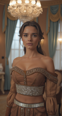 Women Skinny Brown Elastic Band Belt Shiny Silver Bling Sparkle Fancy Beads S M