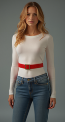 Women Red Basket Weave Faux Leather Skinny Belt Gold Metal Square Buckle S M