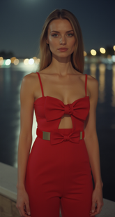 Fashion Belt Gold Plate Elastic Band Red Faux Leather Bow Tie Buckle S M L