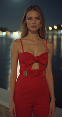 Fashion Belt Gold Plate Elastic Band Red Faux Leather Bow Tie Buckle S M L