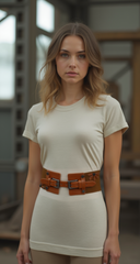 New Women Brown Elastic Wide Band Western Fashion Belt Texas Lone Star Flower Silver Metal Double Buckles S M