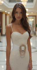 Elastic Winter White Color Fashion Wide Belt Gold Round Buckle Size S M