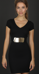 Black Faux Leather Stretch Waistband Hip High Waisted Belt Gold Wave Buckle S M