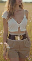 Women Brown Color Wide Elastic Fabric Waistband Bling Belt Gold Metal Buckle S M