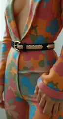 Women Black Faux Leather Gold Weave Braide Hip Waist Belt Gold Buckle S M