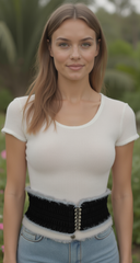 Chic Women Black Fashion Belt Denim Fabric Elastic Hip High Waist Stretch Fringes S M