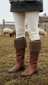 Brand New Western Women Winter Boot Toppers Brown Faux Leather Fringe Knee Turquoise Blue