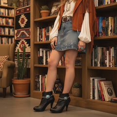 Brand New Women 2PCS Silver Metal Boot Chain Bracelet Shoe Anklet Concho Turquoise Bead Blue Charm Set Fashion Jewelry - A PAIR BC15