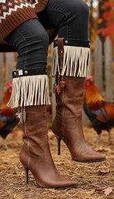 Brand New Women Beige Boot Toppers Faux Suede Leather Fringes Winter Flower Charm