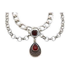 Brand New Women Silver Metal Boot Chain Bracelet Shoe Anklet Waves + Red Drop Ethnic Charm SET BC174