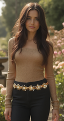 New Women Gold Metal Chain Narrow Playful Filigree Fashion Belt Flower Charms S M