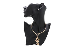 Brand New Women’s Ocean Seahorse Choker Necklace Set, Gold Tone Collar Jewelry With Rhinestone Style Charm And Small Stud Earring - WN15