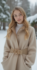 Women Beige Taupe Stretch Belt Gold Circle Buckle S M