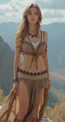 Women Silver Metal Charms Beige Fabric Tie Ethnic Belt with Red Flower S/M