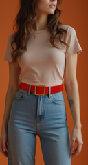 Women Red Basket Weave Faux Leather Hip Waist Belt Gold Metal Buckle Size S M