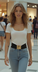 Women’s Chic Black Faux Leather Wide Elastic Fashion Belt with Gold Metal Buckle