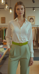 Women Green Faux Leather Skinny Belt Gold Square Buckle Adjustable Size S M