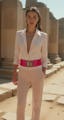 New Women Pink Elastic Fashion Belt Gold Bling Square Buckle S M