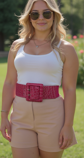 Crocodile Stamped Faux Leather Square Buckle Wide Waistband Belt