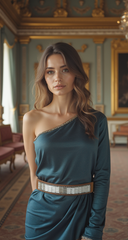 Women Skinny Brown Elastic Band Belt Shiny Silver Bling Sparkle Fancy Beads S M