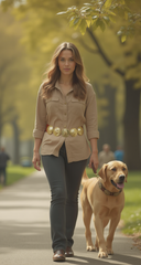 Women’s Brown Elastic Waistband Belt with Gold Metal Greek Coin Medallion Charm – S/M