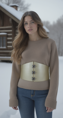 Women Champagne Metallic Beige Corset Belt Wide Hip Waist Silver Hook Buckle S M