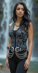 Women Black Elastic Belt Paisley Western Double Buckle Chain Wave Adjustable S M