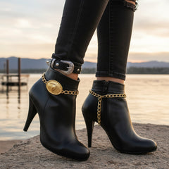 Brand New Women 2PCS Gold Metal Boot Chain Bracelet Shoe Anklet Texas Long Horn Bull Charm Set Fashion Jewelry - A PAIR BC30