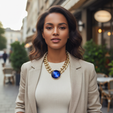 Blue Jewel Bead Pendant Short Gold Metal Chain Necklace