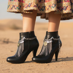 Brand New Women 2PCS Silver Metal Boot Chain Bracelet Shoe Anklet Black Ethnic Charm Fringes Set Fashion Jewelry - A PAIR BC35