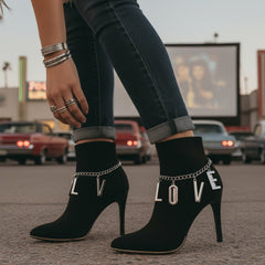 Brand New Women Silver Metal Western 2PCS Boot Chain Bracelet Shoe LOVE Charm Fashion Jewelry Set - A PAIR BC3