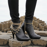 Brand New Women Gold Metal Boot Chain Bracelet Shoe Anklet Multi Wave Strand Leaf Charm SET BC158