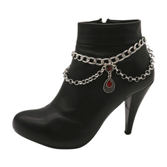 Brand New Women Silver Metal Boot Chain Bracelet Shoe Anklet Waves + Red Drop Ethnic Charm SET BC174