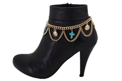 Brand New Women Gold Metal Boot Chain Bracelet Shoe Anklet Turquoise Blue Cross Charm SET BC213