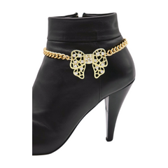 Brand New Women Gold Metal Boot Chain Bracelet Shoe Anklet Bling Bow Tie Ribbon Charm SET BC301