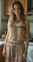 Women Vintage Ethnic Style Belt with Antique Silver Metal and Turquoise Blue Flower Charm (S/M/L)