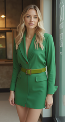 Women Green Faux Leather Skinny Belt Gold Square Buckle Adjustable Size S M