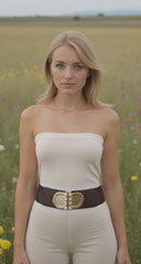 Women Brown Color Wide Elastic Fabric Waistband Bling Belt Gold Metal Buckle S M