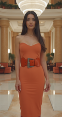 New Women Orange Color Elastic Band Fashion Wide Belt Silver Metal Buckle Size S M