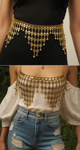 Women Gold Metal Belly Dance Ethnic Indian Bollywood Hip Belt Halloween Size M L