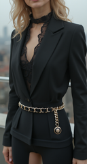 Gold Metal & Black Fabric Skinny Chain Belt with Lion Medallion Pendant End