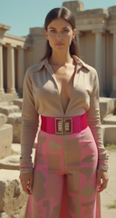 New Women Pink Elastic Fashion Belt Gold Bling Square Buckle S M