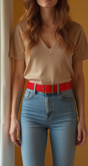 Women Red Basket Weave Faux Leather Hip Waist Belt Gold Metal Buckle Size S M