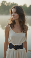 Black Faux Leather Elastic Waist Hip Belt Gold Metal Square Buckle Fit S M