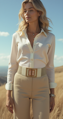 New Women Ivory Cream Elastic Fashion Belt Gold Bling Square Buckle S M